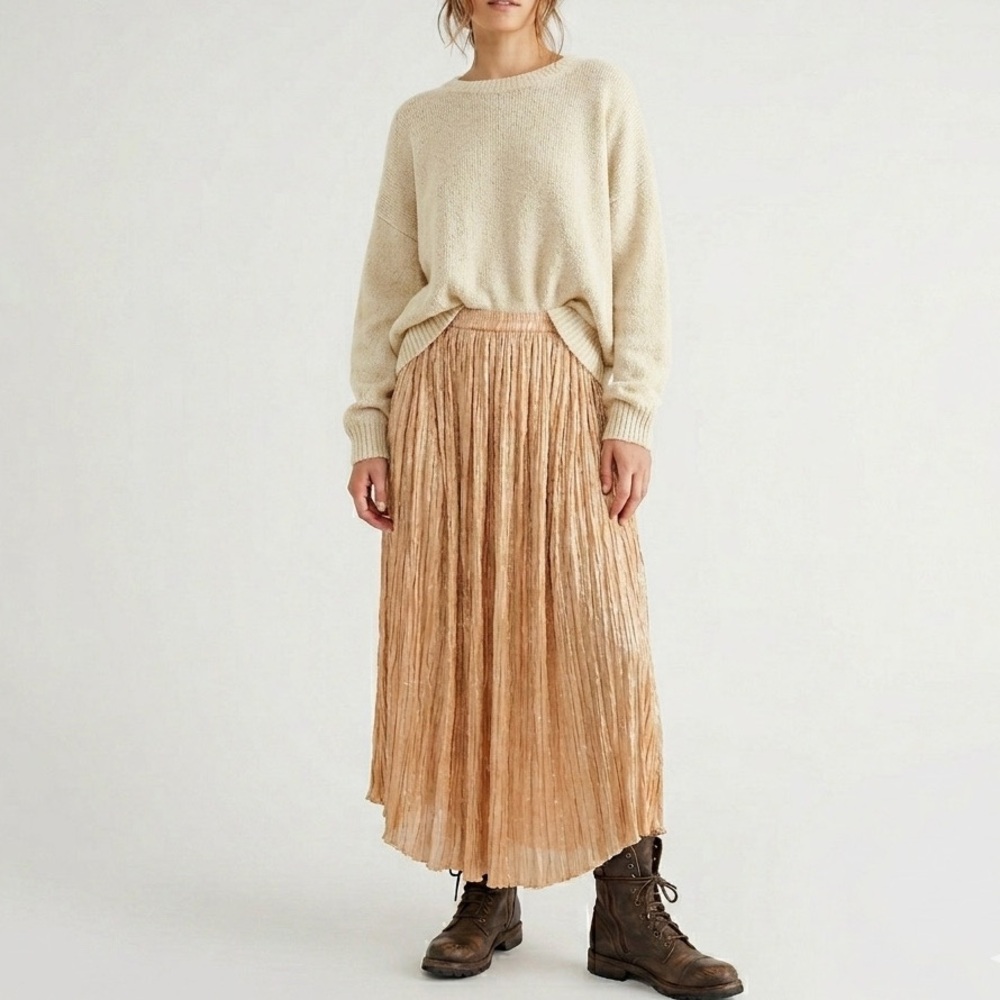 VINTAGE Gold Metallic Lamé Crinkle Pleated High-Rise Maxi Skirt Accordion FLAW